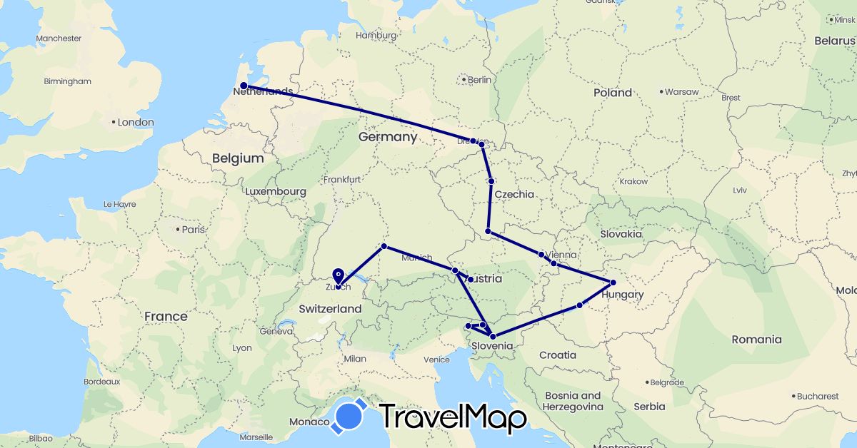 TravelMap itinerary: driving in Austria, Switzerland, Czech Republic, Germany, Hungary, Netherlands, Slovenia (Europe)